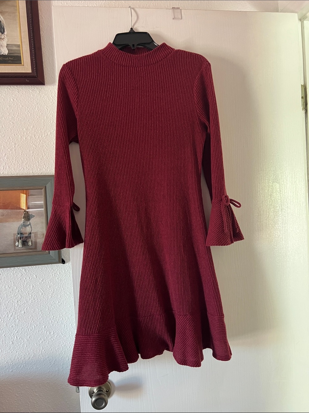 LC Lauren Conrad Burgundy Ribbed Fit-and-Flare Dress with Bell Tie Sleeves